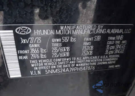 2023 Hyundai Santa Fe Sel z USA, uszkodzony, nr VIN 5NMS24AJ9PH547876
